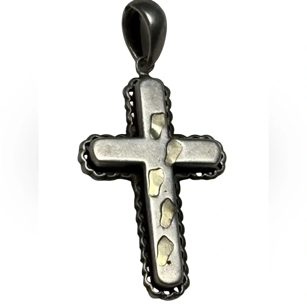 14k Gold & Sterling Silver JCM 3 Dimensional Footsteps Cross Religious Pendant